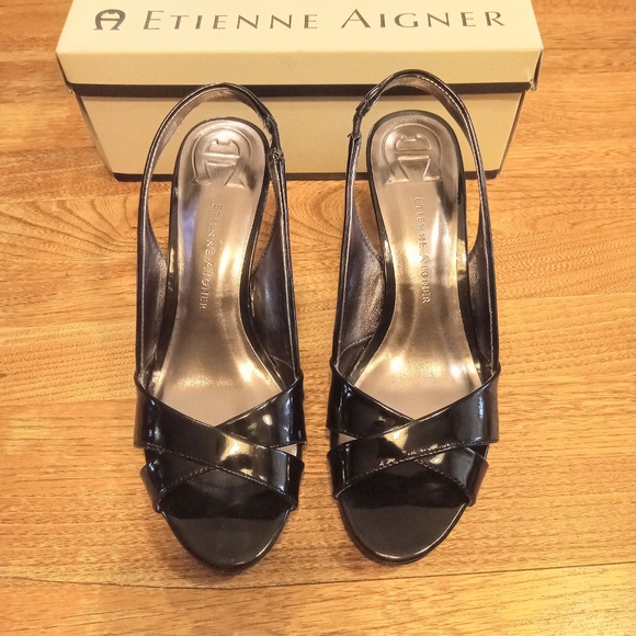 Eitienne Aigner Shiny Black Open-Toe Heeled Sandals Size 7.5 - Picture 2 of 11